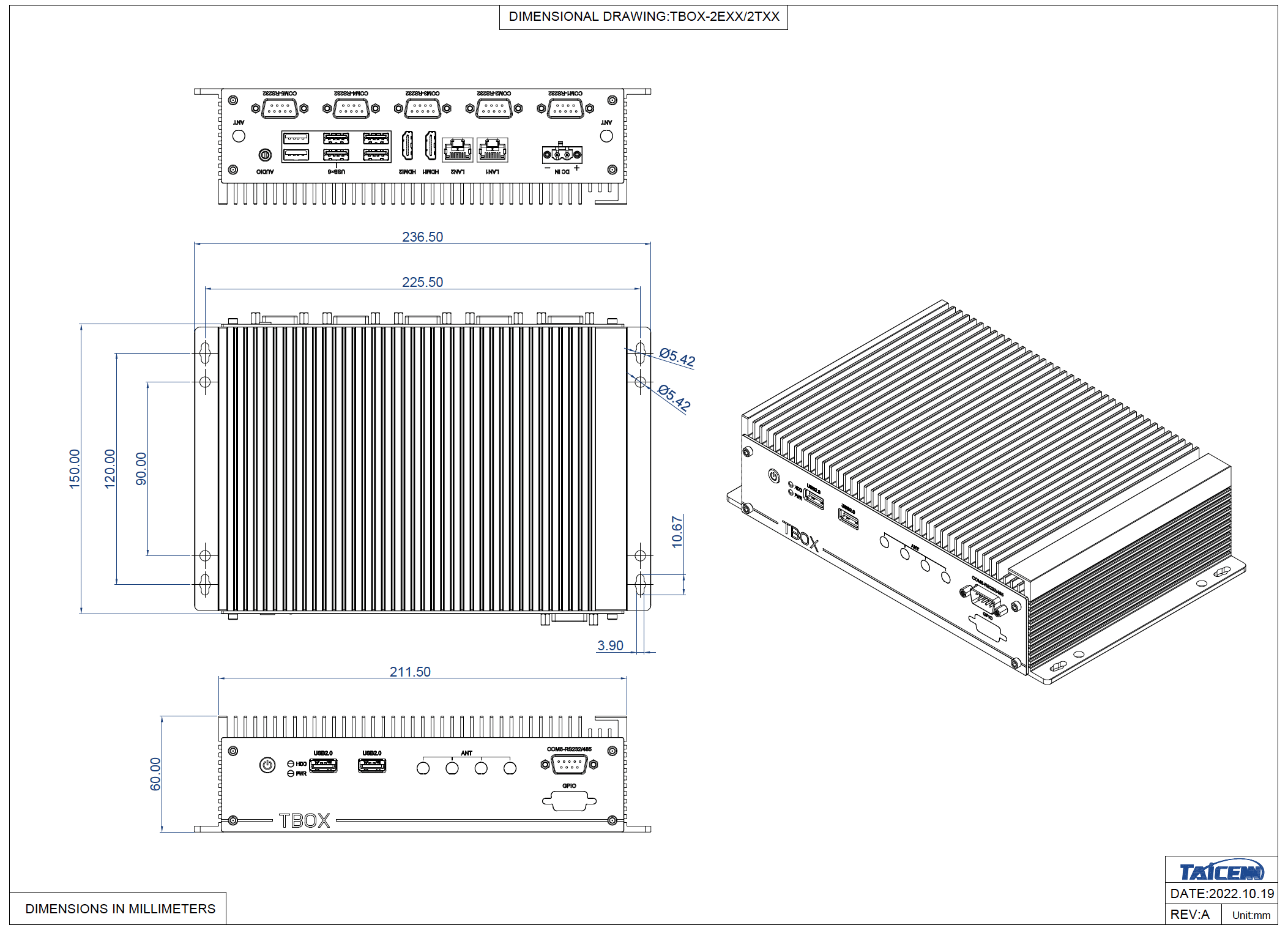 Industrial Box PC with Intel 11th Gen. Core i3/i5/i7 processors dimension